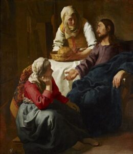 riproduzione del dipinto a olio su tela "Cristo in casa di Marta e Maria", attribuito al pittore olandese Johannes Vermeer e realizzato intorno al 1655.